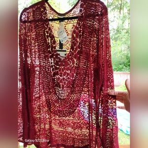 Burgundy RAIN Boho Crochet & Lac Sheer Blouse Women's Size 2X
